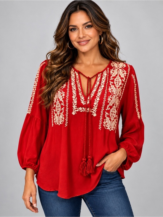 Sugarlips Tops - Sugar Lips Red Embroidered Boho Peasant Blouse Tassel Tie Long Sleeve Small